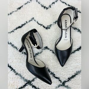 Anne Klein Fayza 2 Black Pointed-Toe Ankle Strap Kitten Heel Pumps
